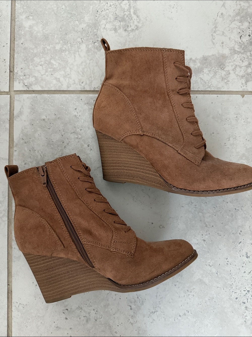 a new day Tan Suede Lace-Up Wedge Booties